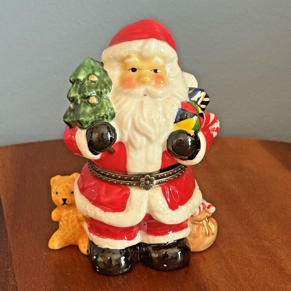 Vintage Santa Trinket Box Porcelain Hinged Jewelry Box Teddy Bear Gift F/W